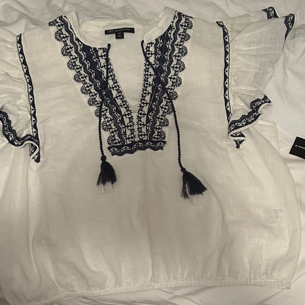 INC XXL Blouse with Navy Embroidery NWT